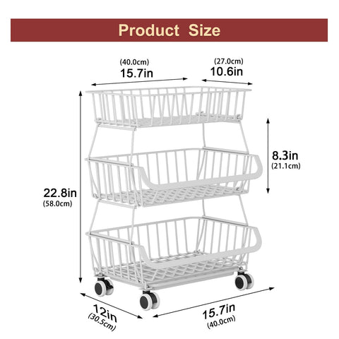 Miyawell 3-Tier Rolling Pantry Cart with Wheels, Stackable Wire Storage Floor Organizer for Kitchen Pantry Snack Shelves, Fruit Basket Stand