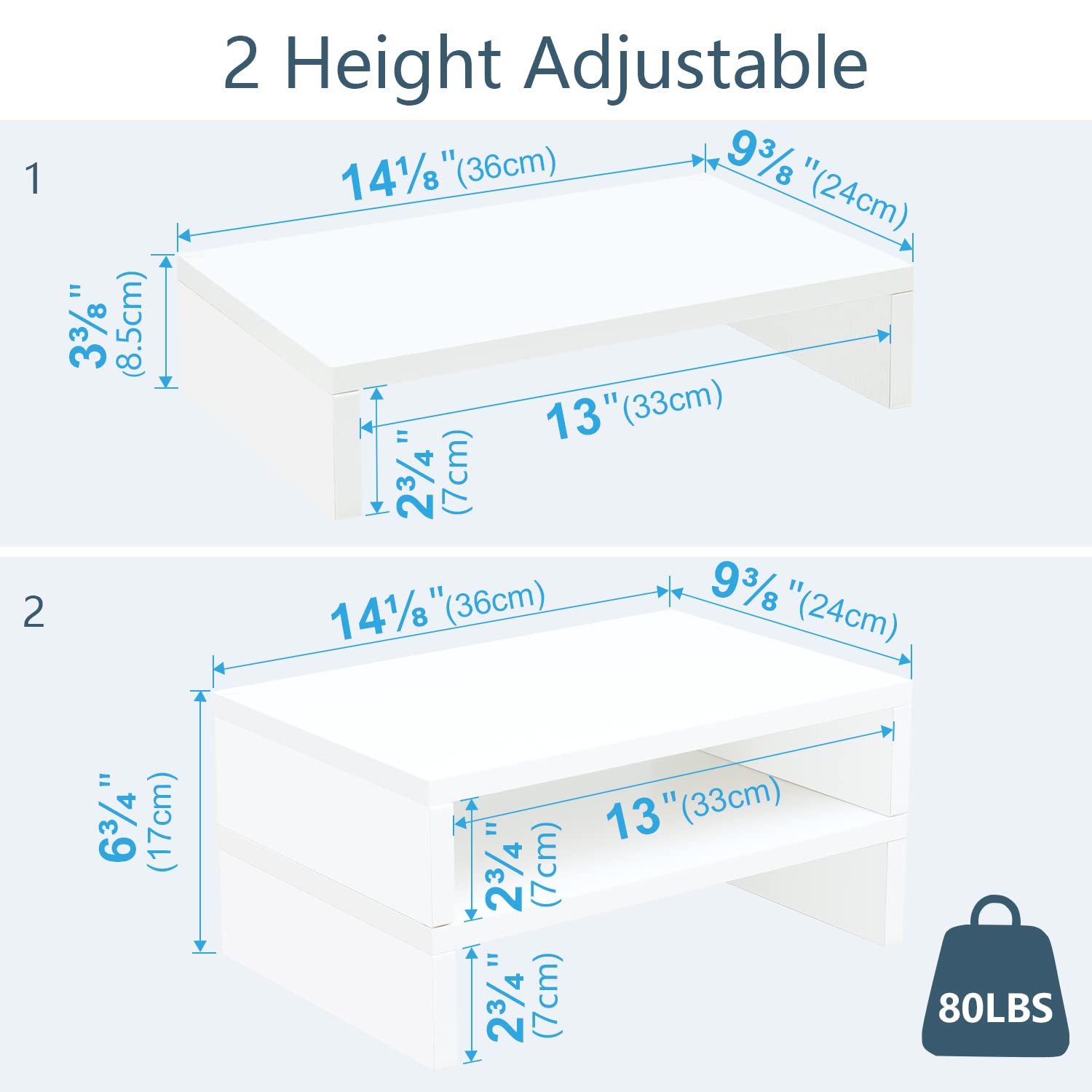 TEAMIX White Monitor Stand Riser-2 Pack,Wood 2 Tier Adjustable Dual Monitor Riser for 2 Monitors/Laptop/PC Computer Stand for Desk