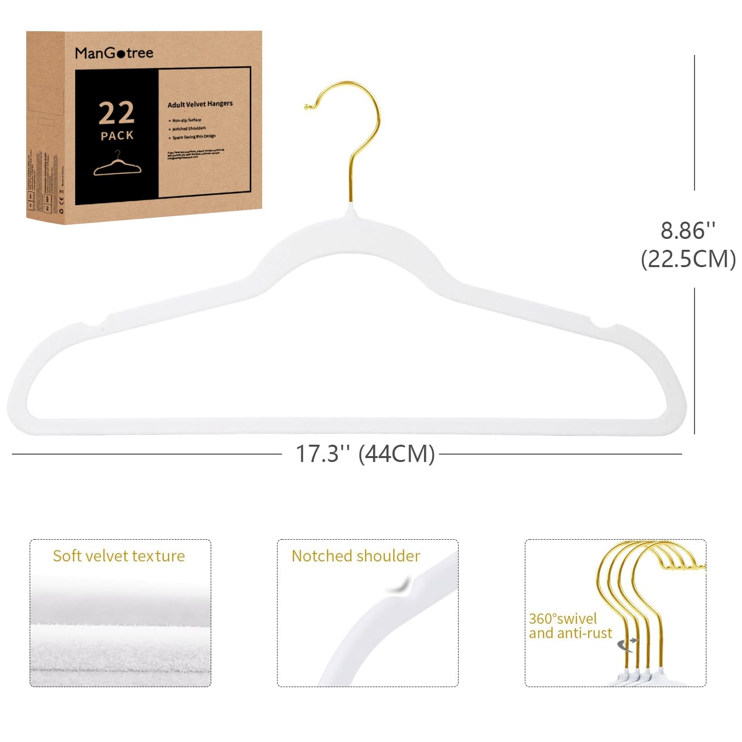 ManGotree Velvet Coat Hangers with 360° Swivel Gold Hook 22 Pack White