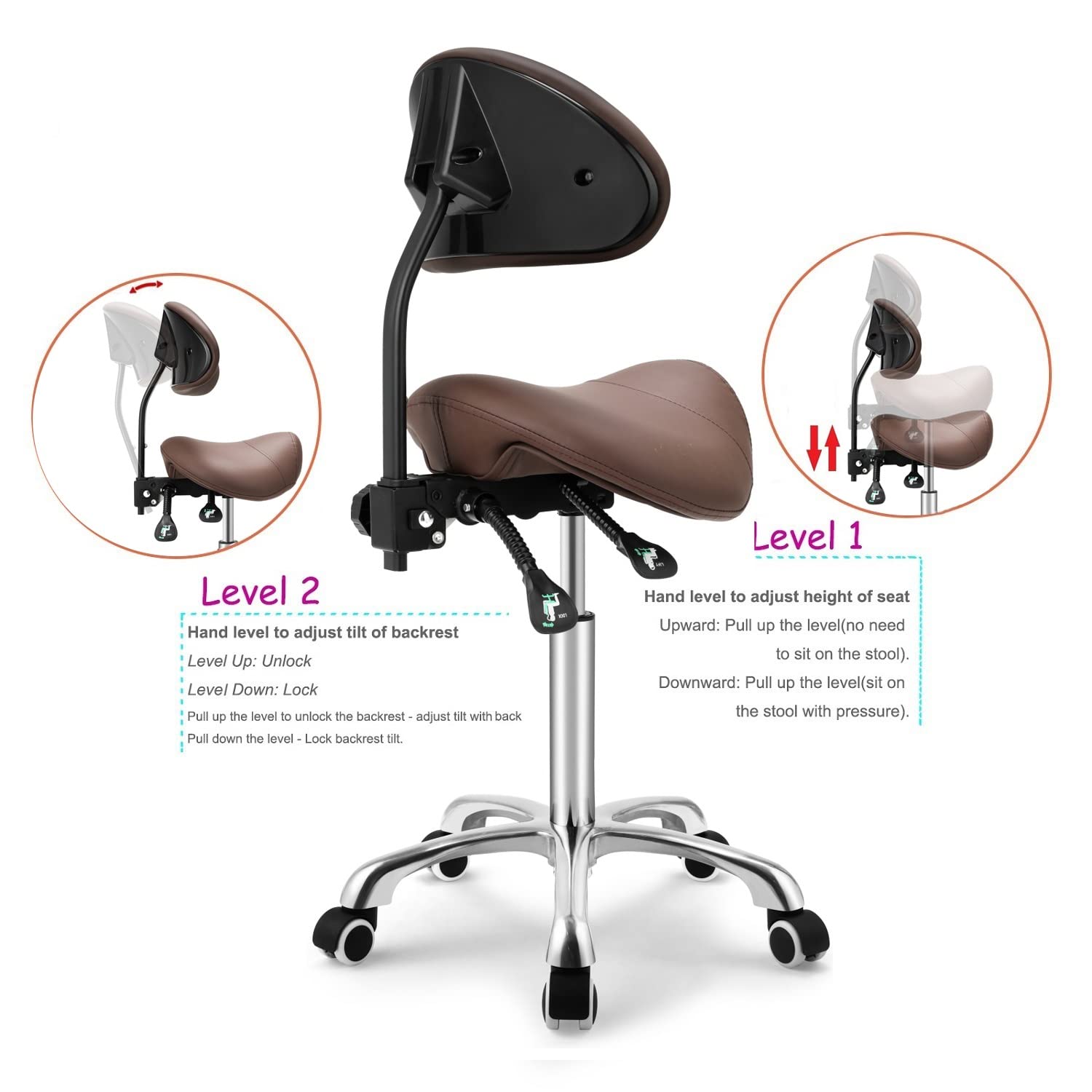 Kaleurrier Saddle Stool with Wheels, Height Adjustable, Anti-Fatigue, Ergonomic Chair for Lab, Clinic, Dentist, Salon, Massage, Office