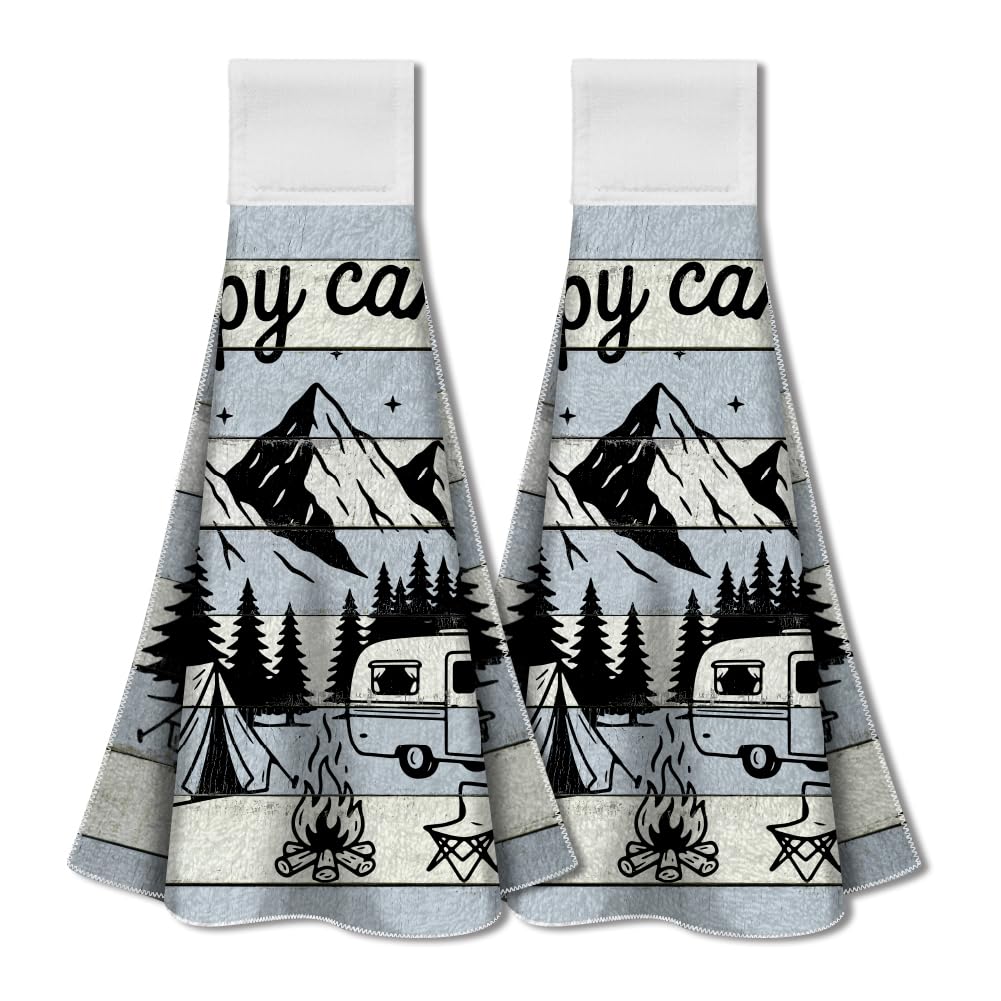 WADORN 2 Pack Camping Kitchen Hanging Towels with Loop, Happy Camper Microfiber Soft Absorbent Dish Hand Tea Towel Decorative Funny Sayings Bonfire