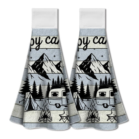 WADORN 2 Pack Camping Kitchen Hanging Towels with Loop, Happy Camper Microfiber Soft Absorbent Dish Hand Tea Towel Decorative Funny Sayings Bonfire