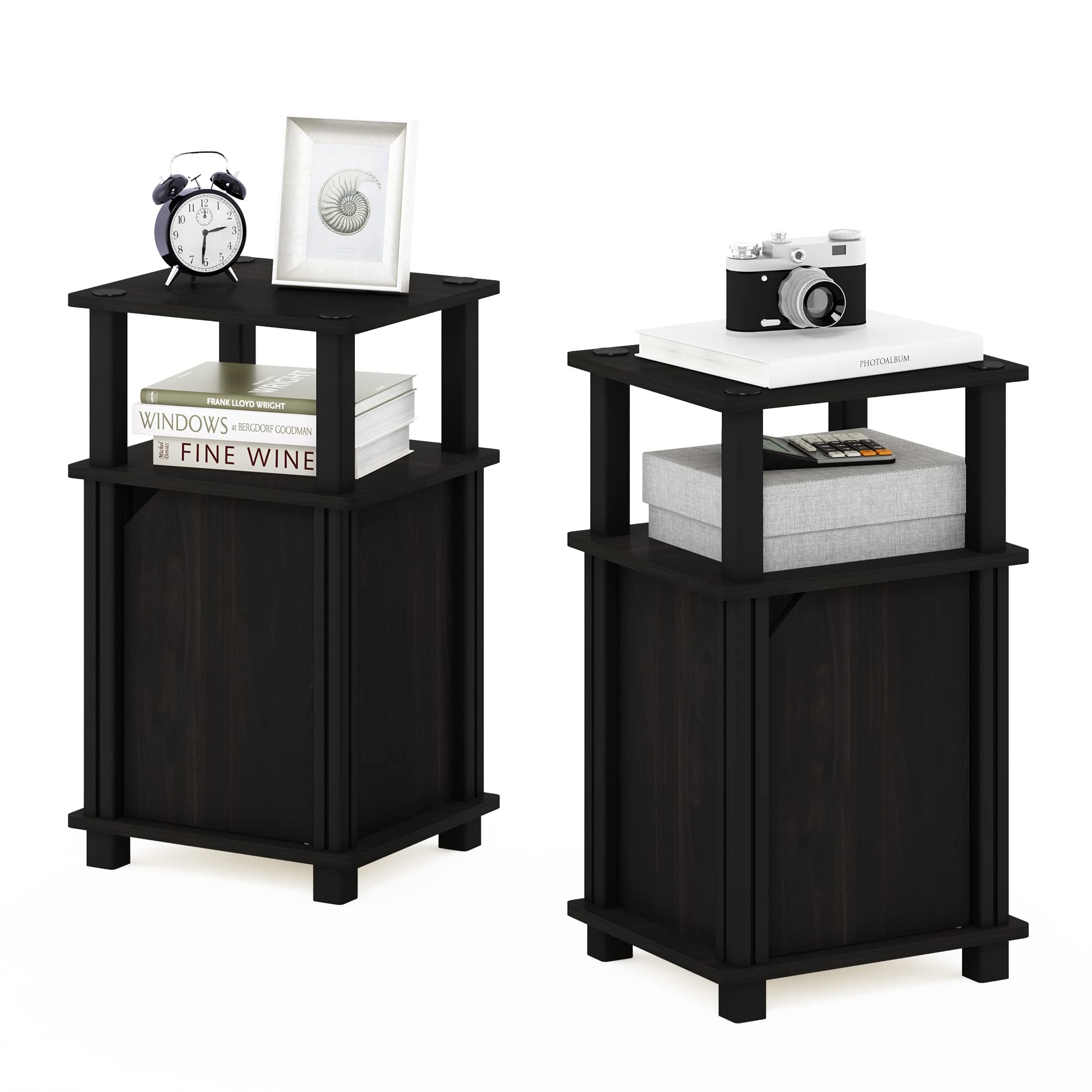 Furinno JUST Side Table Set of 2, 3-Tier End Table with Door Cabinet, Night Stand, Bedside Table with Open Shelf, for Living Room, Bedroom, Espresso
