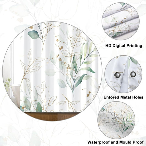Uiiooazy Eucalyptus Shower Curtain, Sage Green Gold Leaves Pattern Bath Curtain Mildew and Mould Resistant Waterproof Polyester Fabric Washable