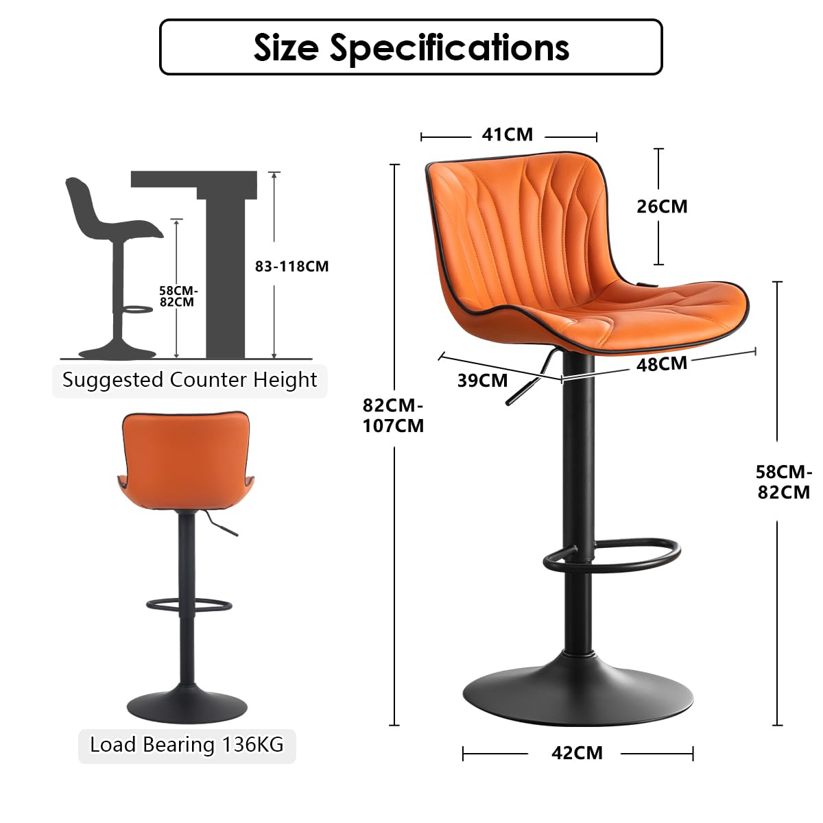 Kidol & Shellder Bar Stools Set of 2 Swivel Breakfast Barstools, Orange
