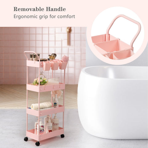 danpinera 4-Tier storage trolley, storage trolley on wheels, beauty trolley with Dividers & Hooks & Hanging Cups, kitchen trolley