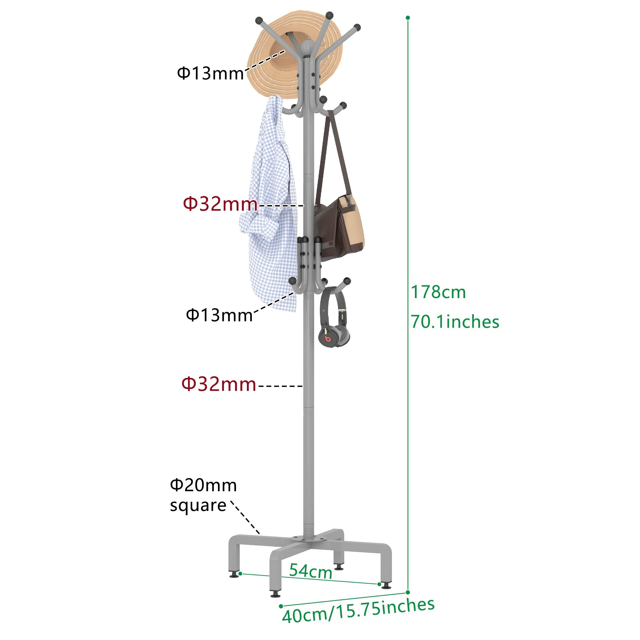 dongliangqinying Metal Freestanding Coat Rack, 3-Tier Coat Stand with 12 Hooks, Non-Slip Black Hat and Handbag Stand for Hallway