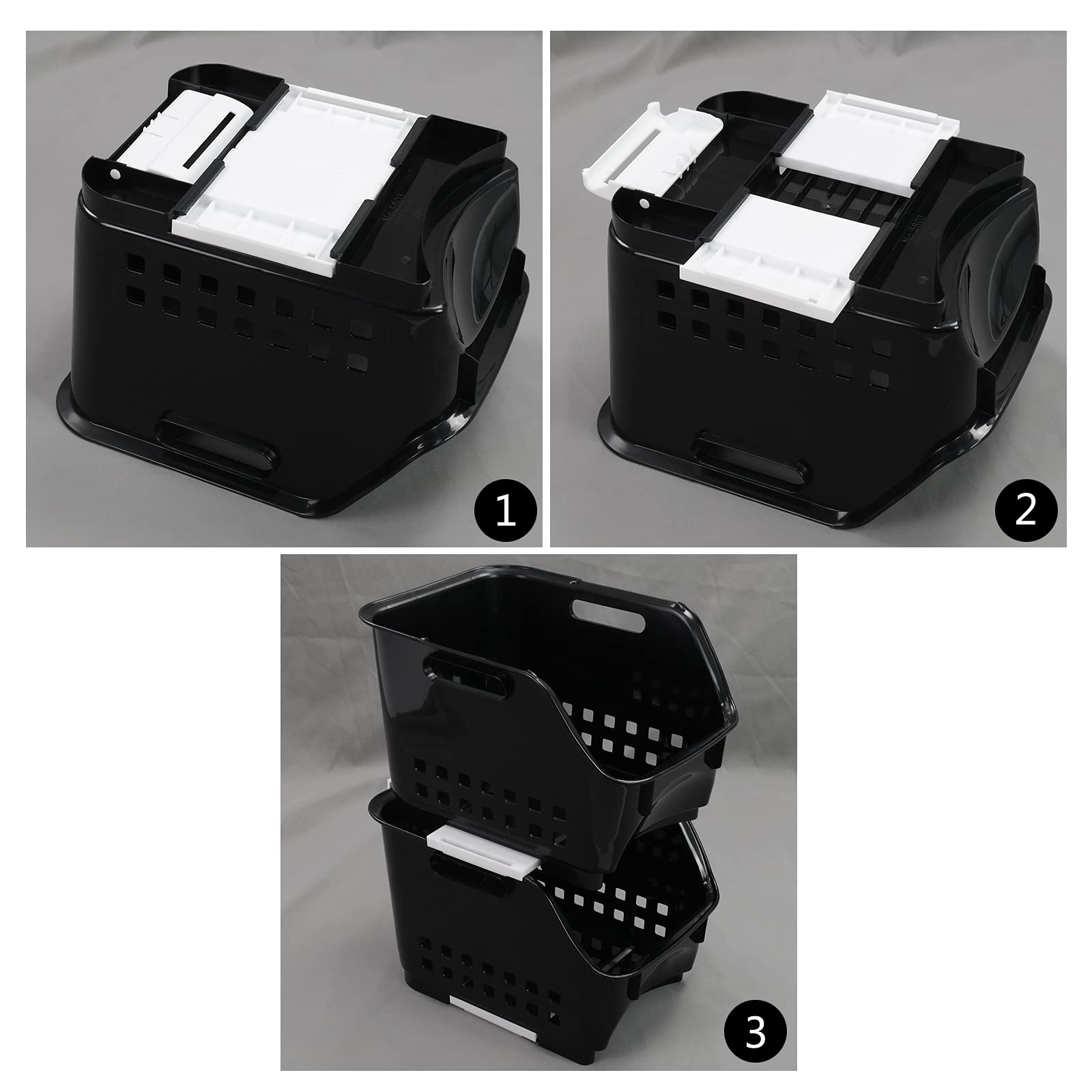 Morcte 3 Tier Stacking Baskets Storage Veg Rack Plastic Stackers, Black