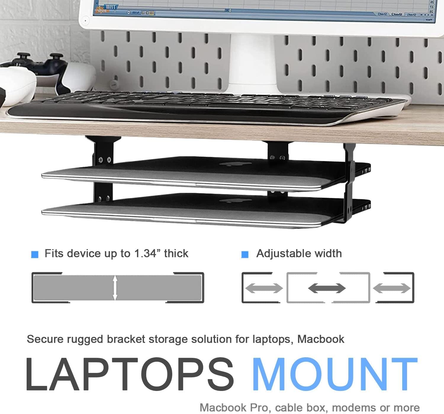 JEMACHE Under Desk Dual Decker Laptop Mount, Hard Aluminum Under Table Desk 2 Tier Holder for Laptop, Mac Mini, MacBook
