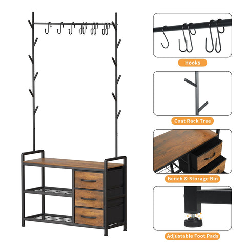Free Standing Coat Rack Rustic Hall Tree Bench 33"x12"x69.3" Rustic Brown