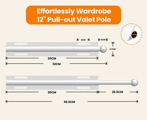Widyana Telescopic Wardrobe Rail | Extendable Valet Rod for Clothes (12”) | Adjustable Pull-Out Hanging Rail for Suits & Next-Day Outfits, White