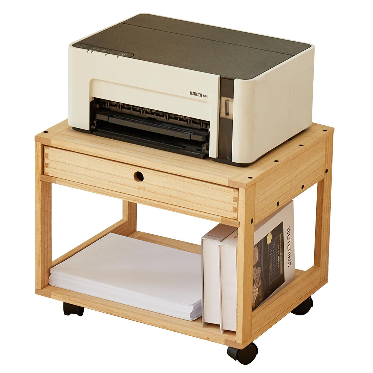 KIRIGEN Solid Wood Printer Stand with a Drawer, 2 Tier Printer Table fit Fax Scanner/3D Printer