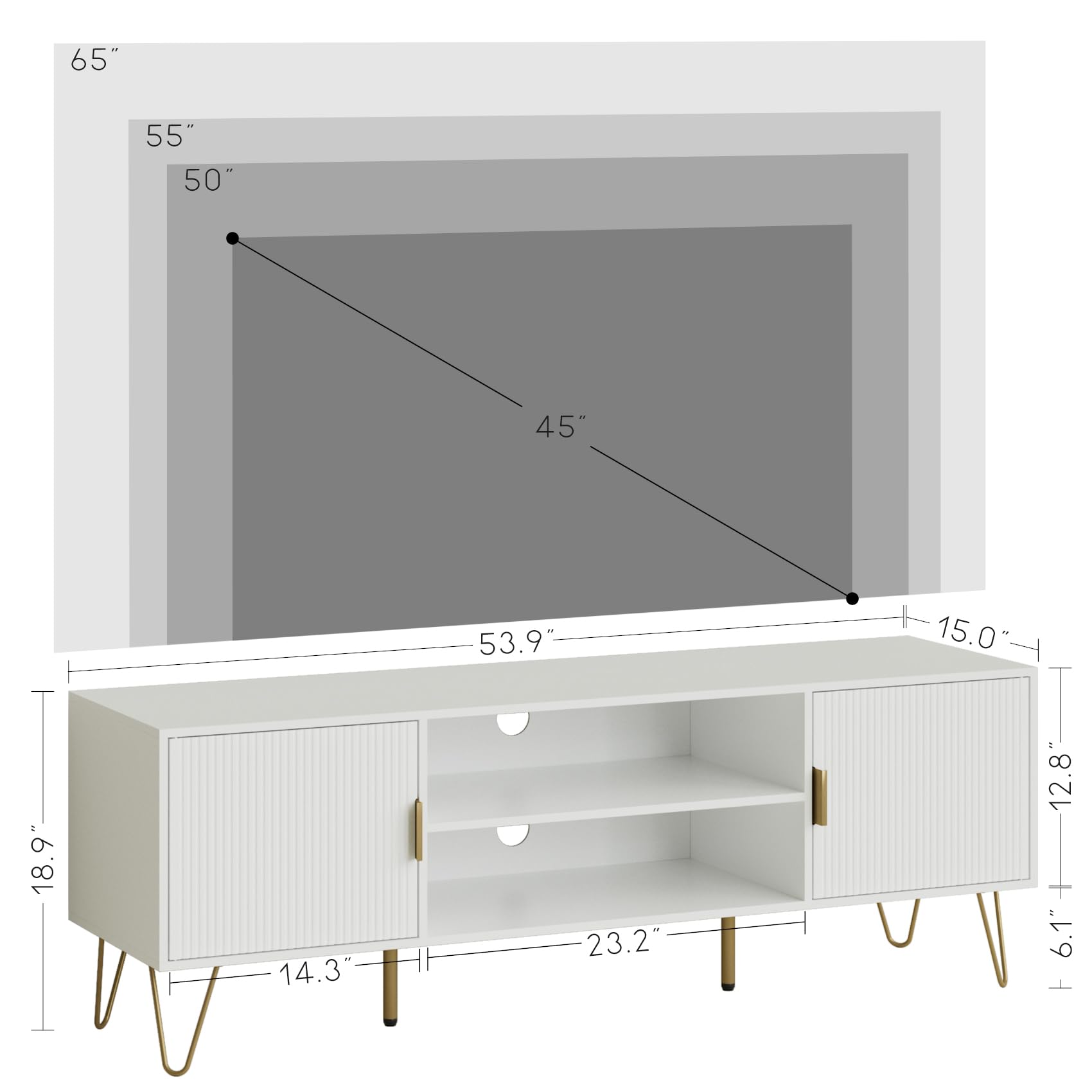 HEYZOEY White Fluted TV Stand, 2 Cabinets, Gold Legs, for TVs up to 65 in
