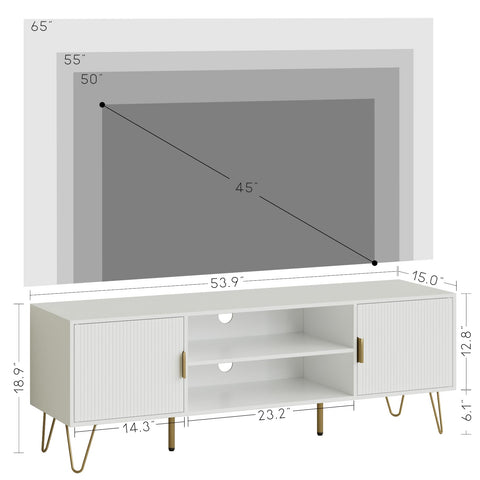 HEYZOEY White Fluted TV Stand, 2 Cabinets, Gold Legs, for TVs up to 65 in