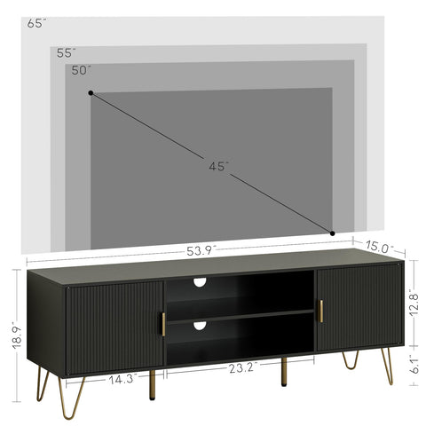 HEYZOEY Black Fluted TV Stand, 2 Cabinets, Gold Legs, for TVs up to 65 in