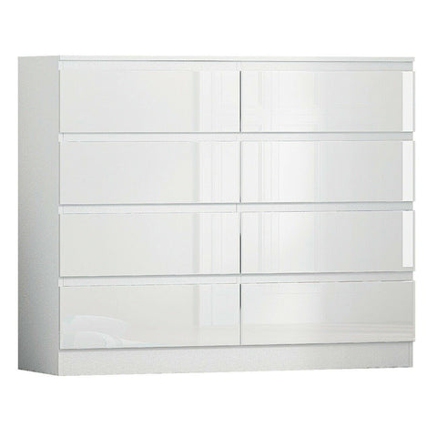 FWStyle White Gloss 8 Drawer Chest of Drawers with Matt White Frame, Scandinavian Handleless Bedroom Storage Furniture with Deep Drawers and Metal