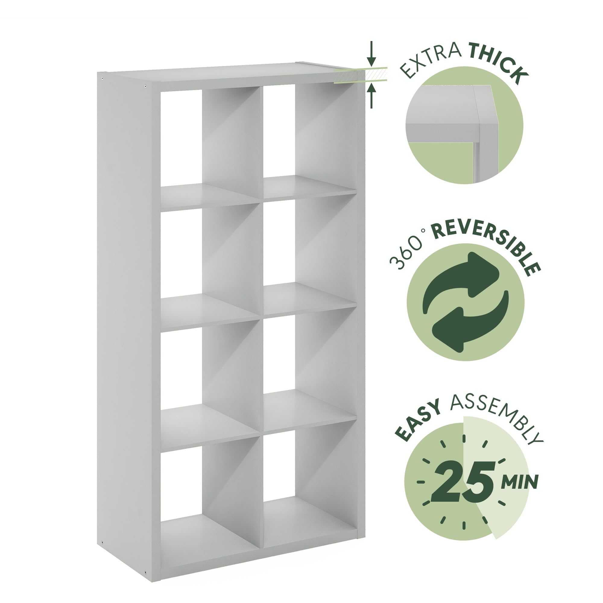 Furinno CUBICLE Book Shelf, 8-Cube Thick Frame Bookshelf, Horizontally & Vertically Reversible Bookcase with Open Back, 14.6 x 30 x 57.9