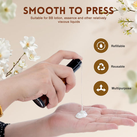2Pcs 100ml/3.4oz Amber Glass Lotion Pump Bottles Travel Size Pump Dispenser Cosmetics Containers Bottle Jar with Black Pump for Essential Oil