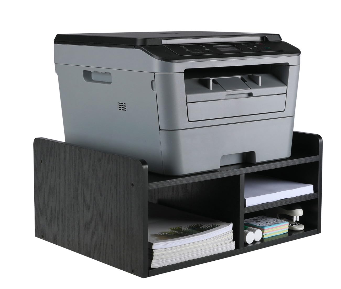 EasyPAG Desktop Wood 2 Tier Printer Stand with Storage Fax Shelf Office Desk Tidy Supplies Organiser A4 Paper Holder,Black