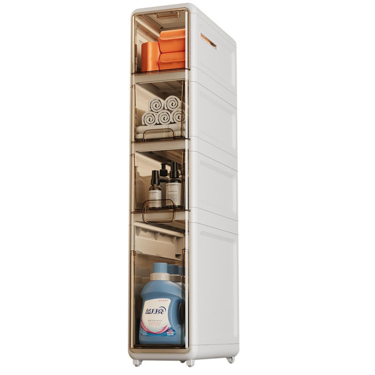 MAGIC SELECT Narrow Bathroom Organizer. Auxiliary Storage Furniture with Wheels for Narrow Places. Compact 4-Drawer Side Cabinet for Toilet Paper