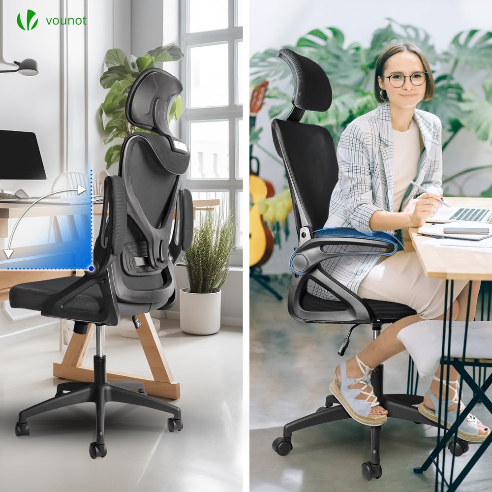VOUNOT® Ergonomic Office Desk Chair, High Back Computer Chair, Executive Swivel Chair with Adjustable Lumbar Support & Headrest for Home Office, Black