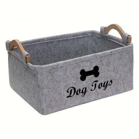 HUATEEN Personalised Dog Toy Storage Box,Large Grey Felt Toy Basket for Dogs Puppy Toy Organiser Pet Toy Storage Bin with Handles 38x25x18cm