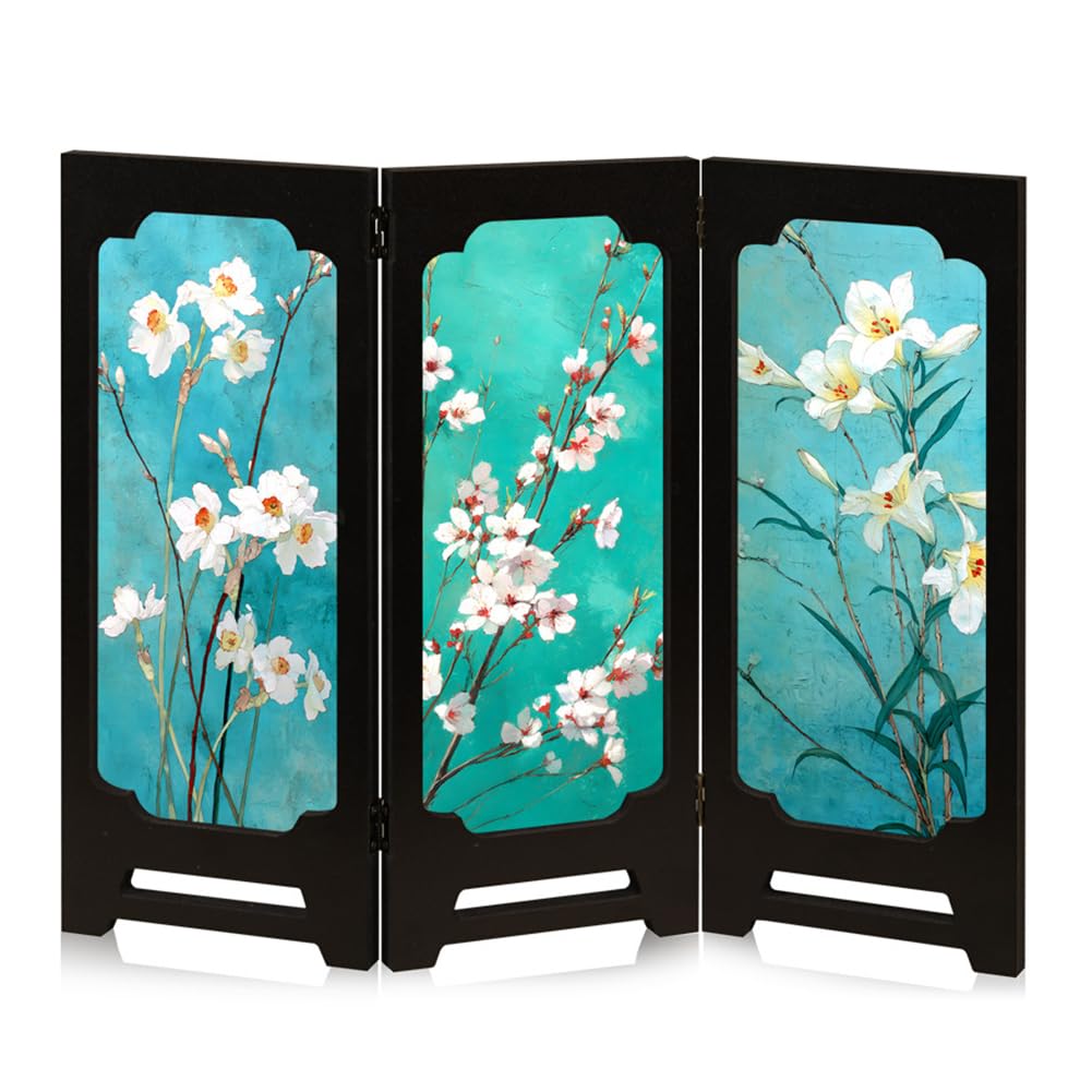 YANGSHINE Chinese Style Double Sided Lotus Pattern Mini Folding Screens Desktop Decoration Acrylic Foldable Screen with 3 Panel Divider for Home