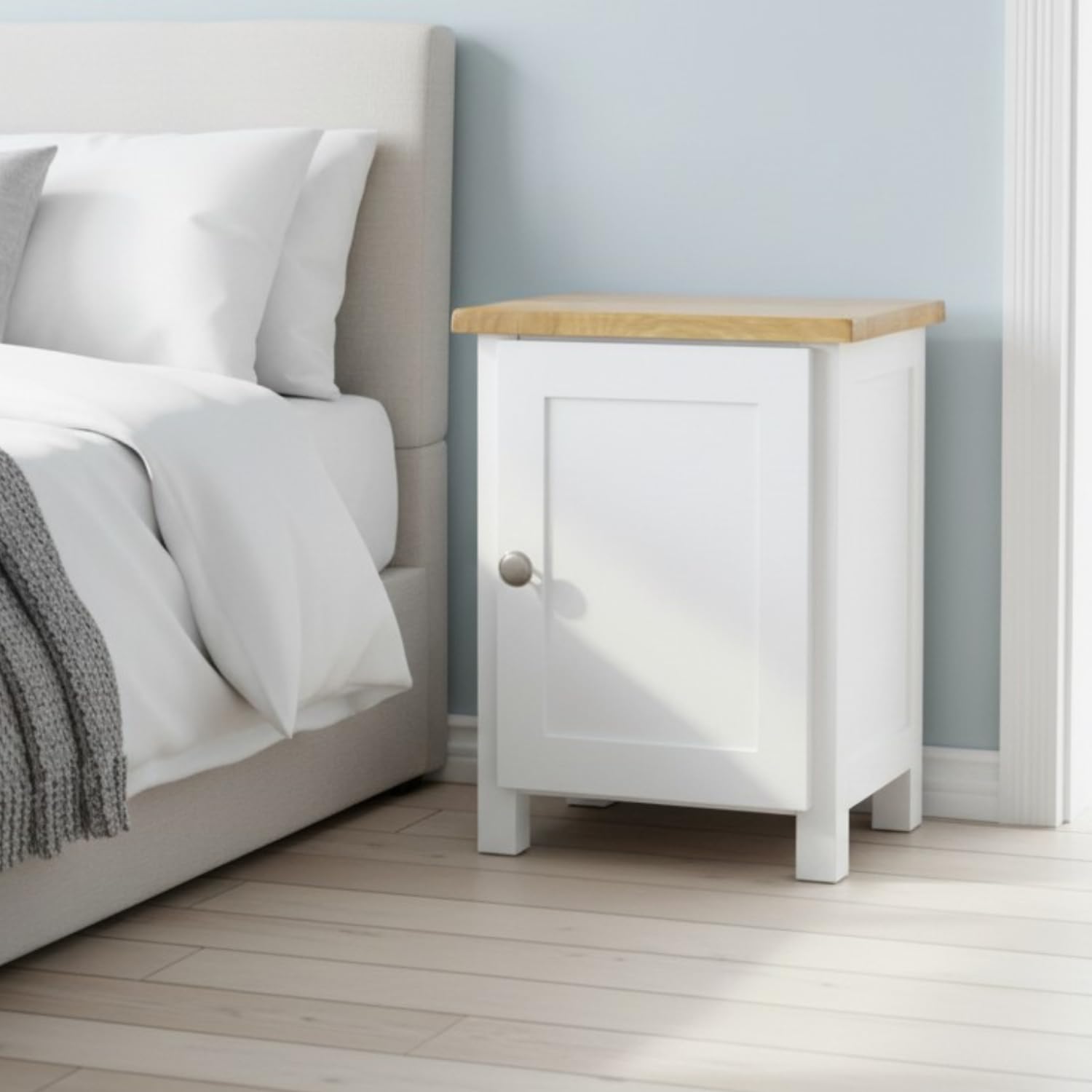 GROF GROFurniture Bedside Table with 1 Door Small Cabinet, Solid Wooden Side End Bedside Cabinet with Oak Top, Narrow Bedside