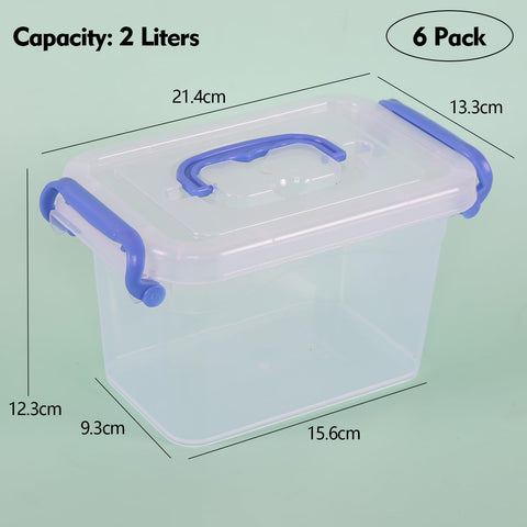 Ionoloy 2 L Clear Storage Box with Lid, Small Plastic Organiser Boxes, 6 Pack