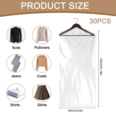 Plastic Garment Bags, 30 Pack Dry Cleaning Bags, Clear Clothes Covers, Dust Proof Garment Protector Covers, Garment Bags