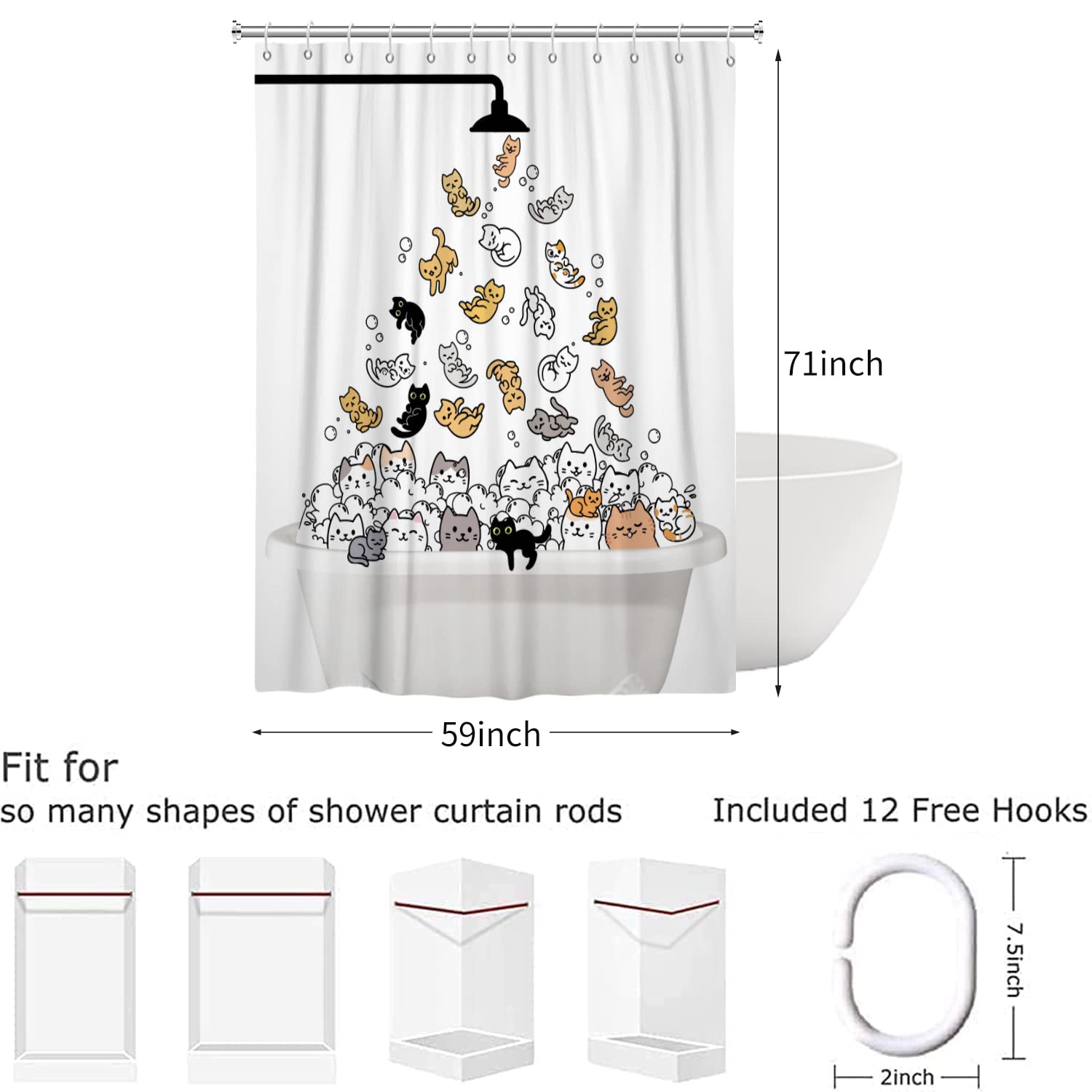 Hnmdmyi Funny Cat Shower Curtain 150x180, Kids Cartoon Animal Kitten Colorful Lovely Hilarious Pets Bathroom Curtains with Hooks Waterproof Polyester