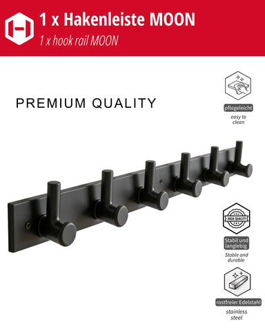 Gedotec Coat Hooks Black matt [6 Hooks] Coat Rail Hallway, Kitchen & Bathroom I Wall Coat Rack Moon I Hook Rail Black for screwing I Design Coat Rack