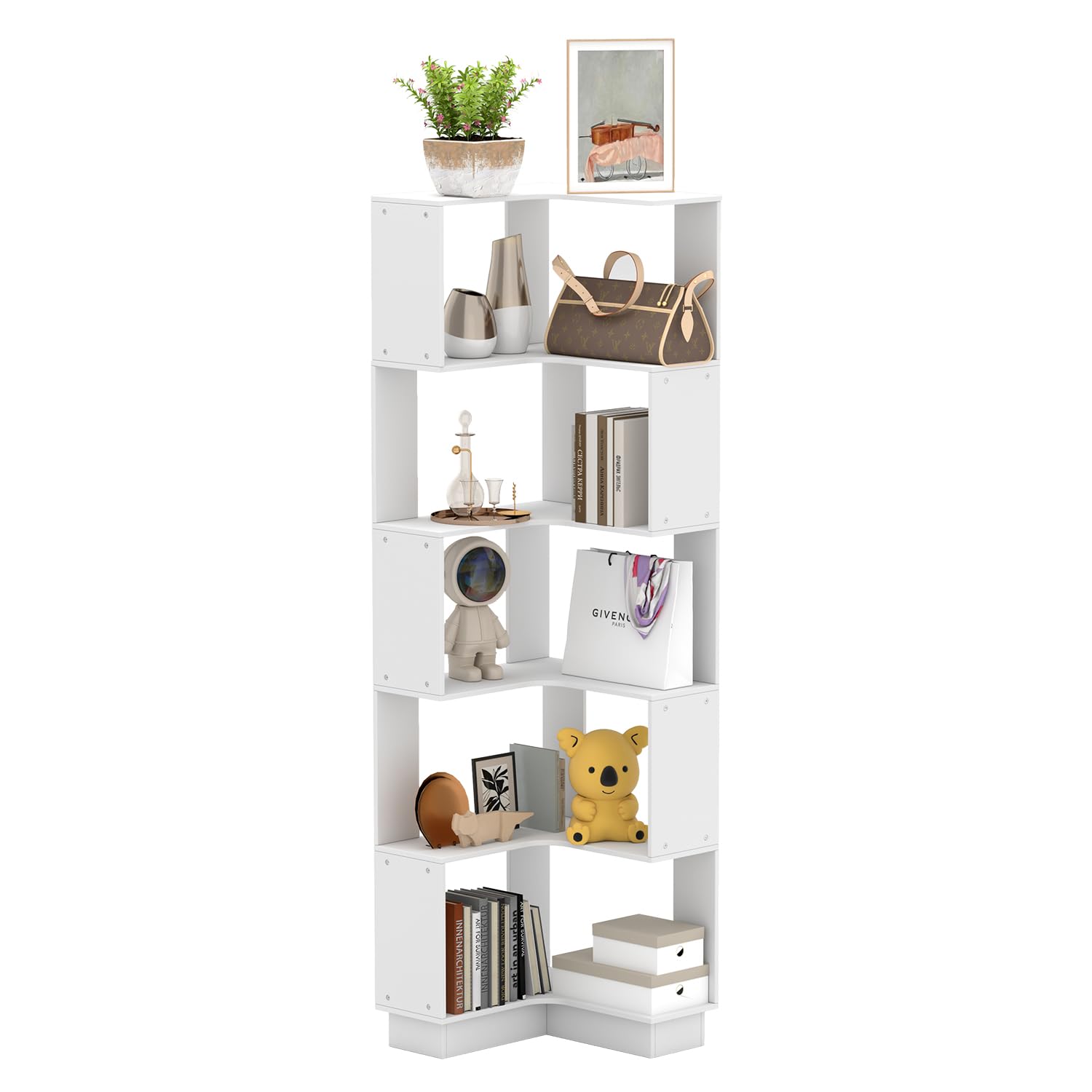 uyoyous 5-Tier Corner Bookcase Unit, Freestanding Book Organiser Stand, Book Storage Cabinet, Bookshelf Display, Book Rack Credenza,