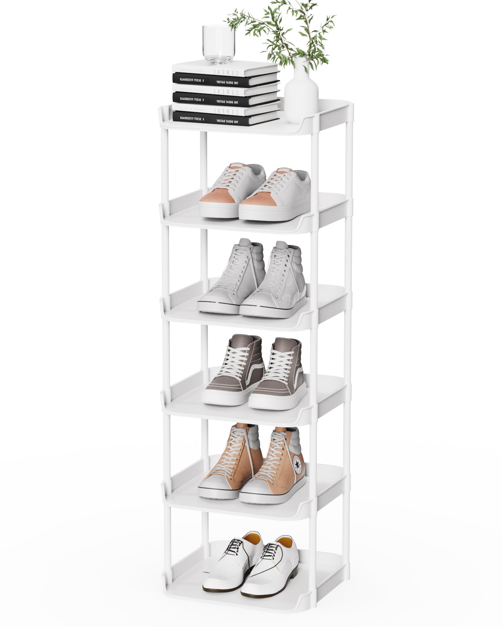 Altdnmaf 6 tier Narrow Shoe Storage Rack, Compact Single Shoerack Stand for Slim Space, Stackable Tall Thin Show Tower, Solid Plastic Shelves