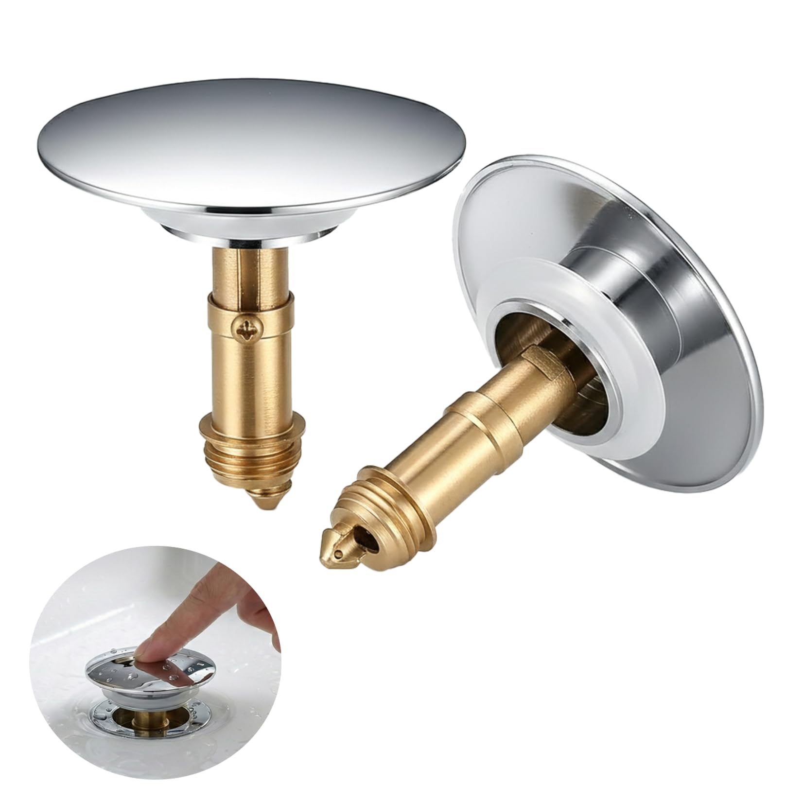 Peygre 2 Pcs Brass Push-In Sink Plug, 36-39mm, 67mm Chrome