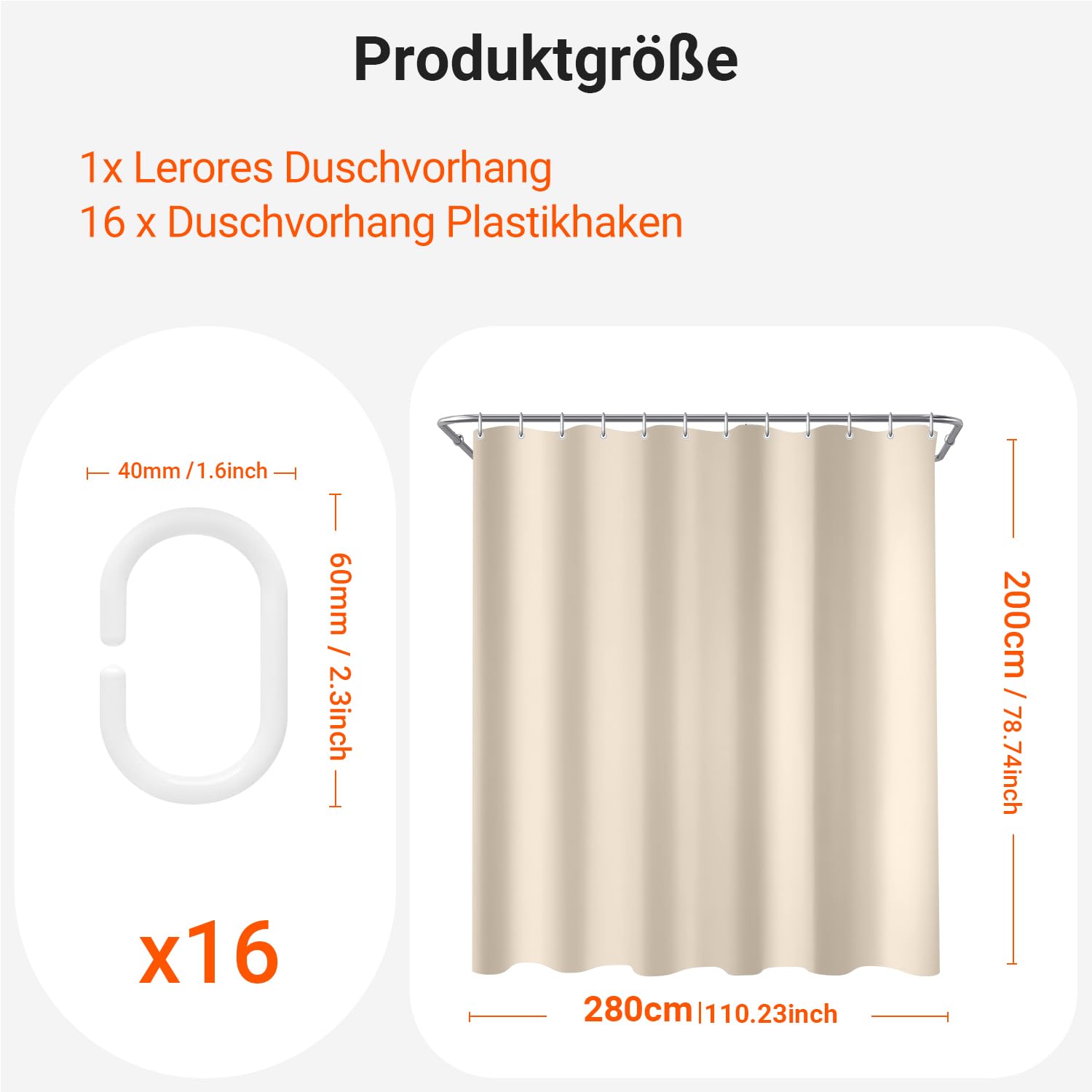 Lerores Shower Curtain, 280 x 200 cm, Beige, Weighted Hem, Anti-Mould Textile, Water-Repellent, Washable Polyester Fabric Bath Curtains for Bathroom