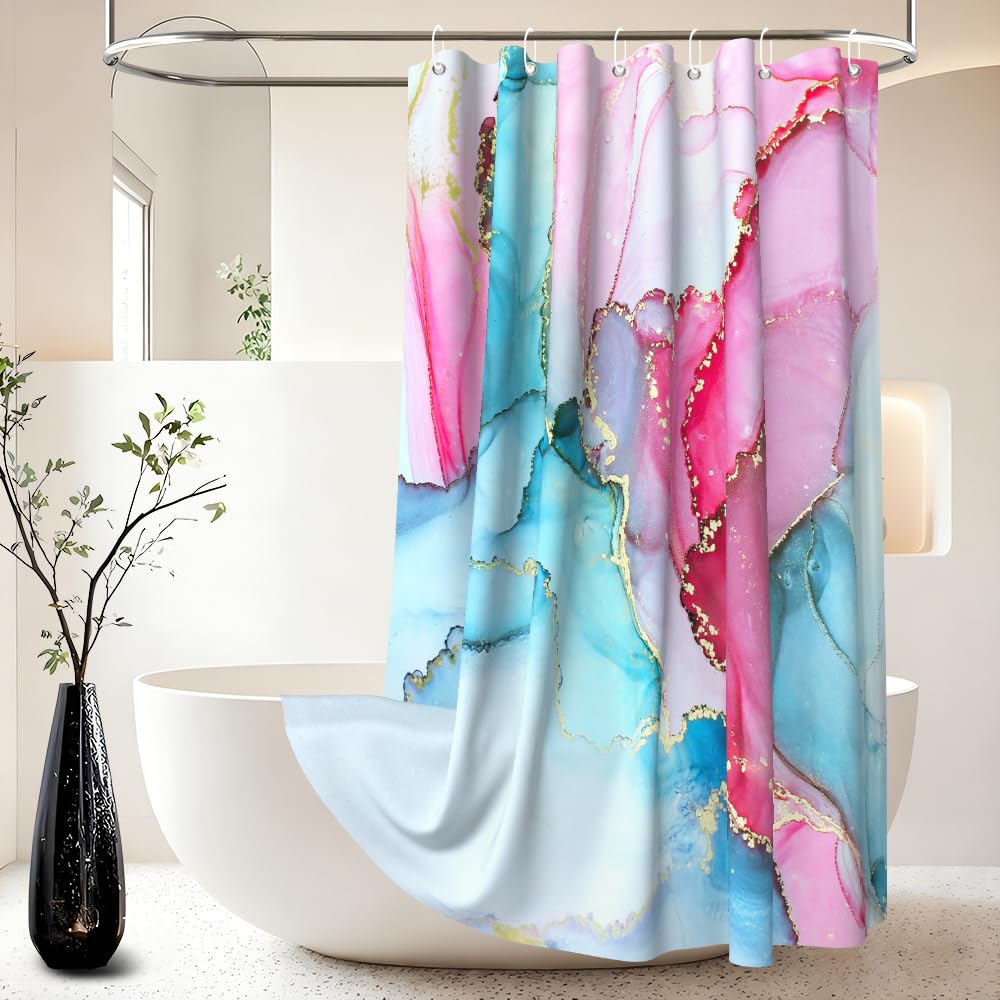 Xiaoterna Blue and Pink Gold Dots Marble Shower Curtain Modern Concise Waterproof Bathroom Curtain Abstract Contemporary Aesthetic Washable Mildew