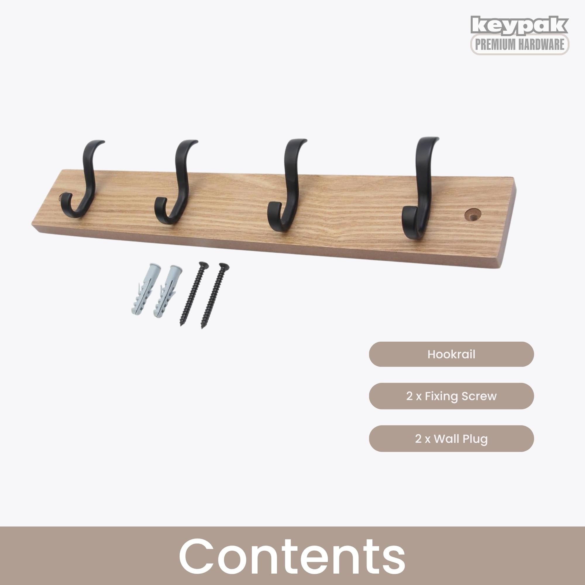 keypak Wall-Mounted Coat Rack – 4 Black Hooks on Stylish 38cm Ash Wood
