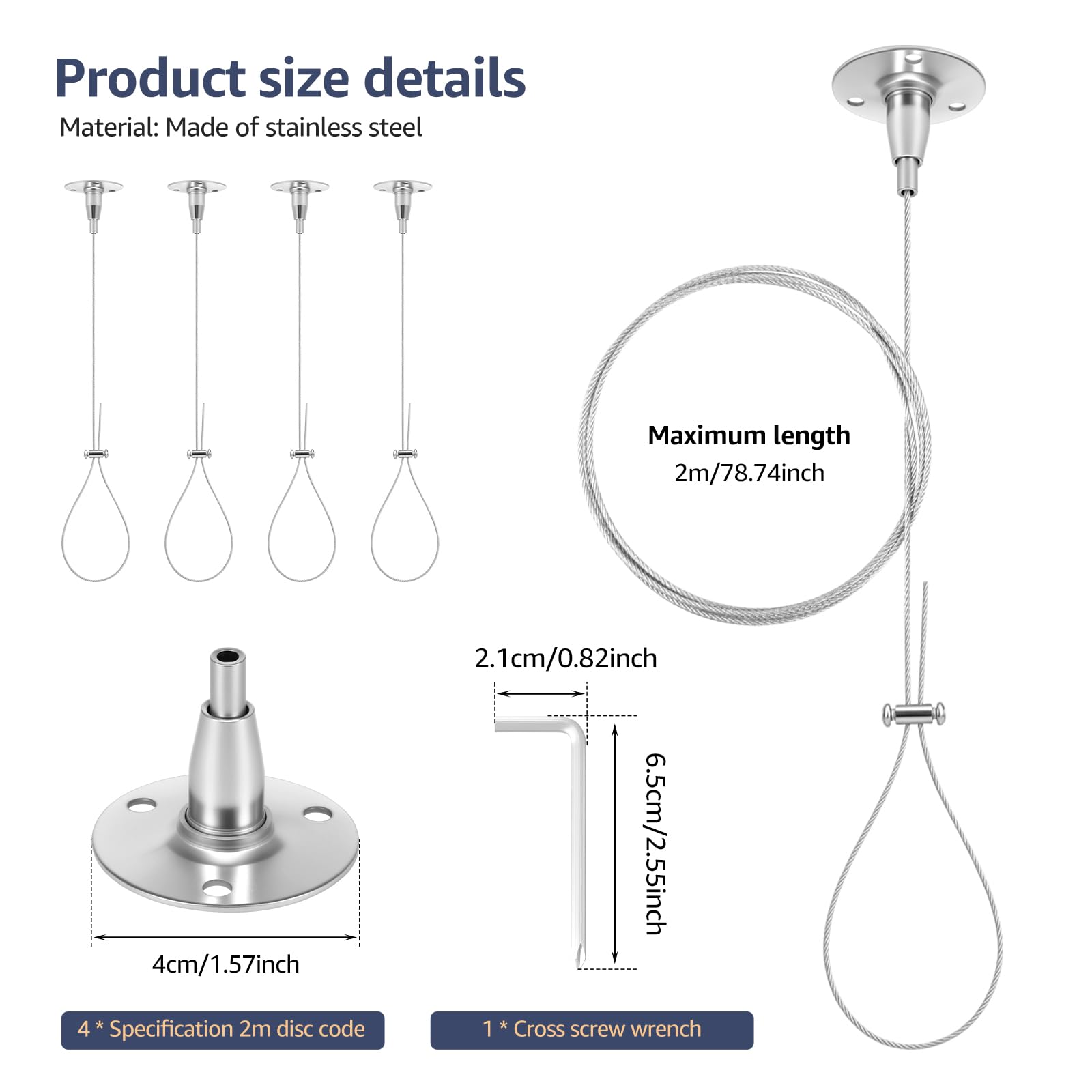 4 Pcs Ceiling Support for Closet Rod 2m/78.74inch Adjustable Closet Rod Support Bracket Stainless Steel Ceiling Supports Assembly