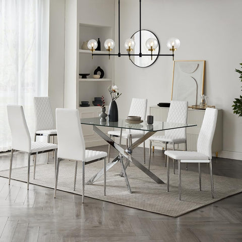 Home Detail Sierra Set of 6 Dining Chairs, White Faux Leather, Silver Legs