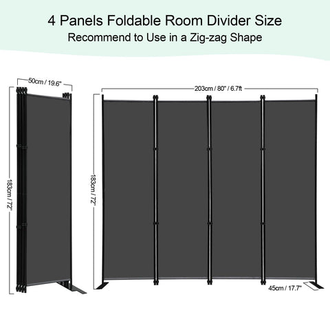 KEORTUN 4-Panel Room Dividers and Folding Privacy Screens 203W x183H cm Office Partition Freestanding Divider for Home Office, Grey