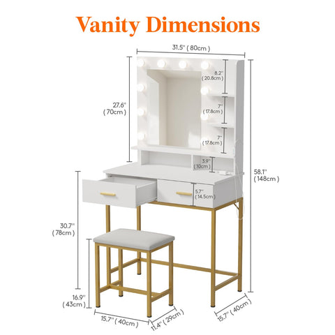 Lifewit Vanity with Mirror and Lights, Adjustable Color/Brightness, White Makeup Desk with 2 Drawers and Stool for Bedroom, Bathroom, Makeup Room