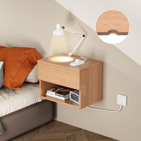 Kiseely Floating Nightstand, Modern Wall Mounted Bedside Table with Drawer, Wood Bedside Shelf & Desk, End Table Wood Modern Night Stand for Bedroom