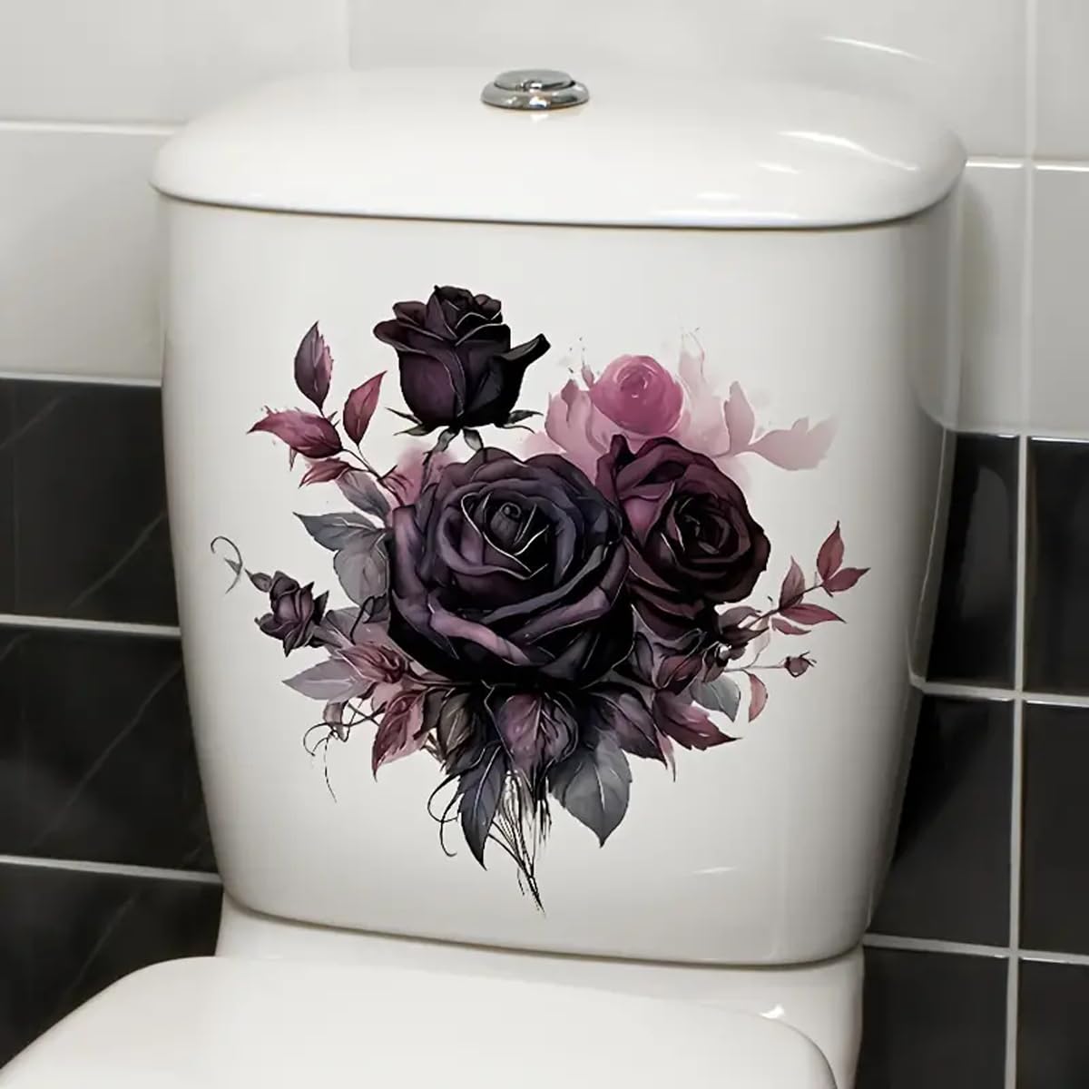 TOLOVIS Dark Rose Toilet Cover Sticker Decals,Flower leaf bird Waterproof Toilet Lid Tank Seat Decals Cistern Self-Adhesive Bathroom Wall Sticker