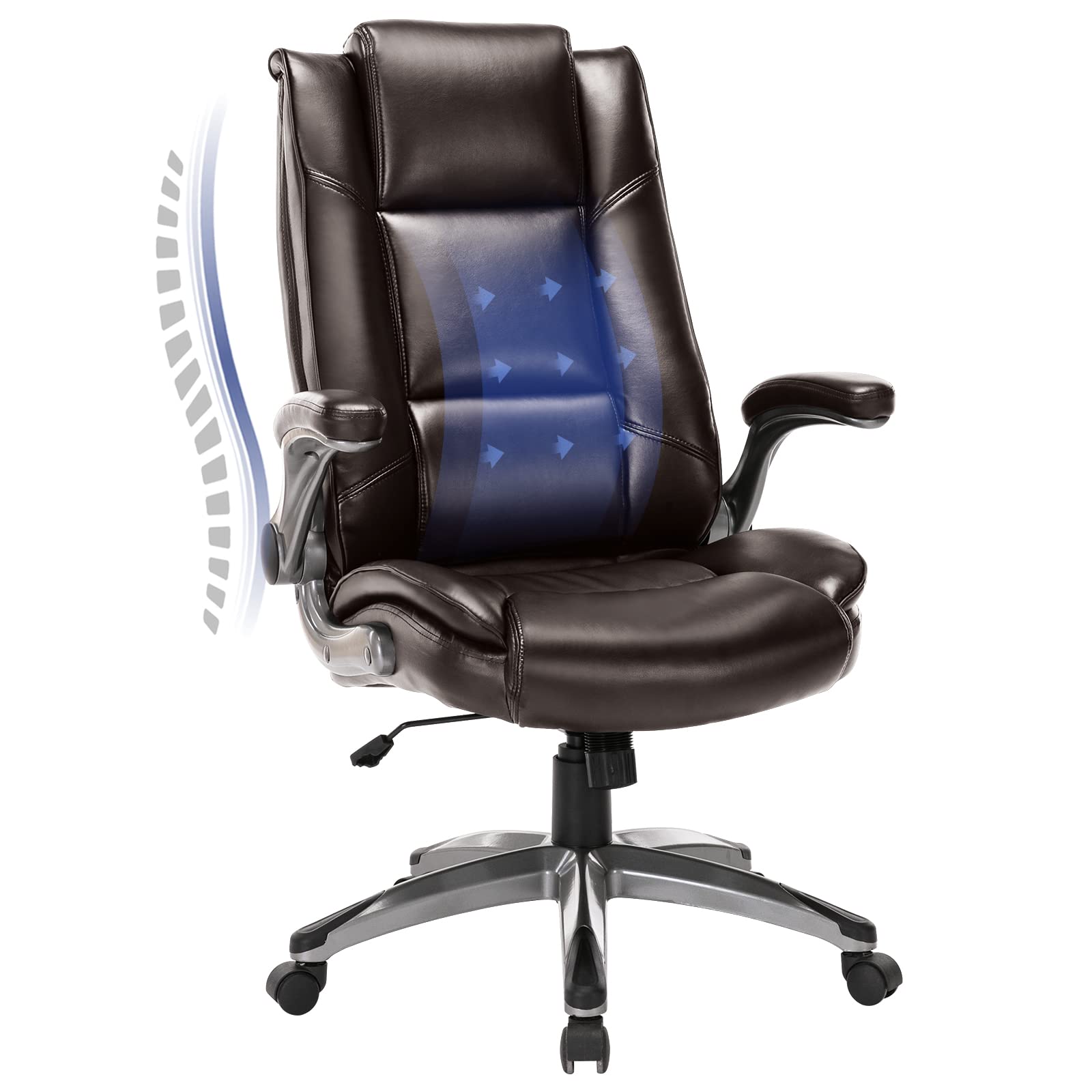 COLAMY Leather Executive Office Chair - High Back Home Computer Desk Chair with Padded Flip-up Arms, Adjustable Tilt Lock