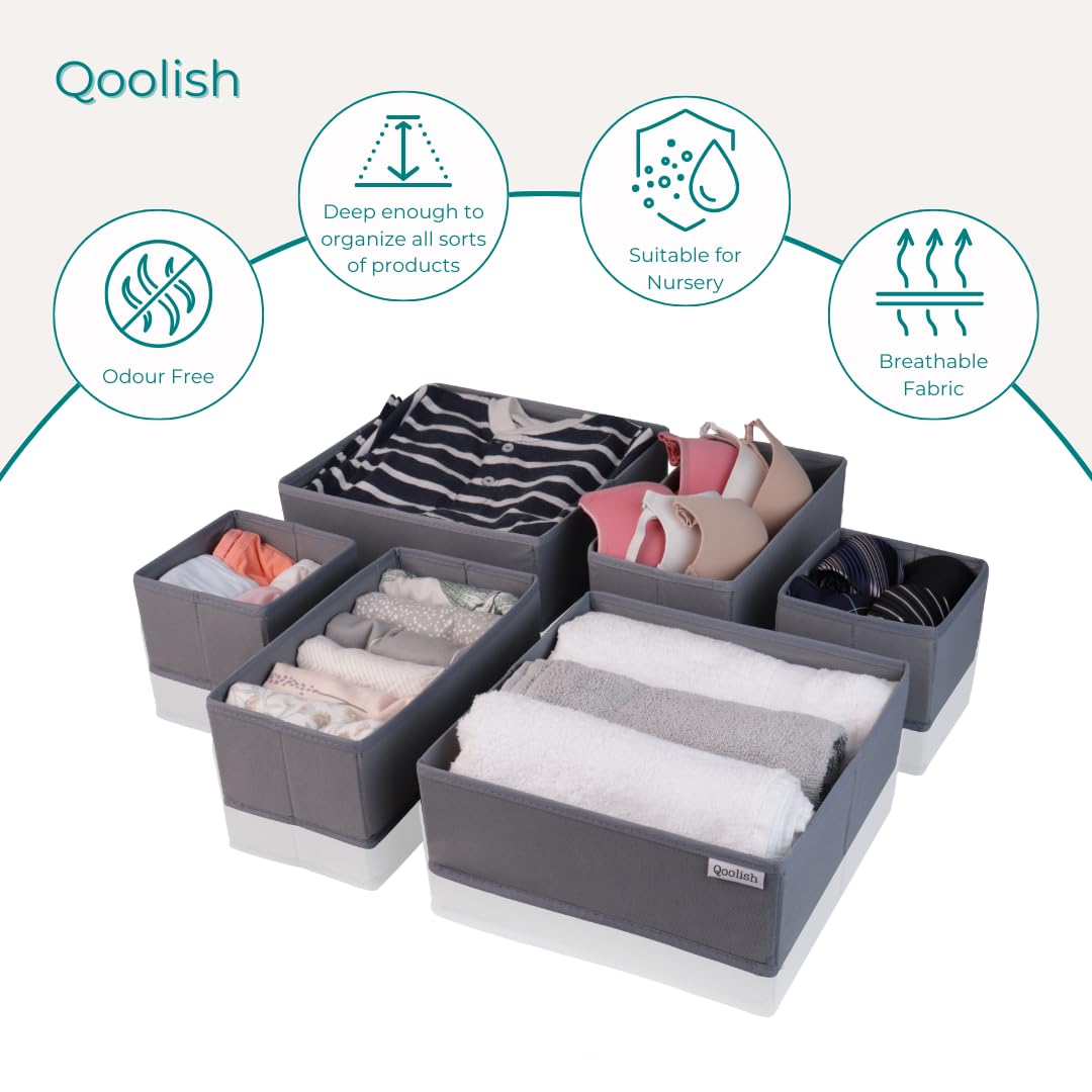 Qoolish Grey Drawer Organiser Set of 6 Sturdy Draw Organizer to sort Your bedroom