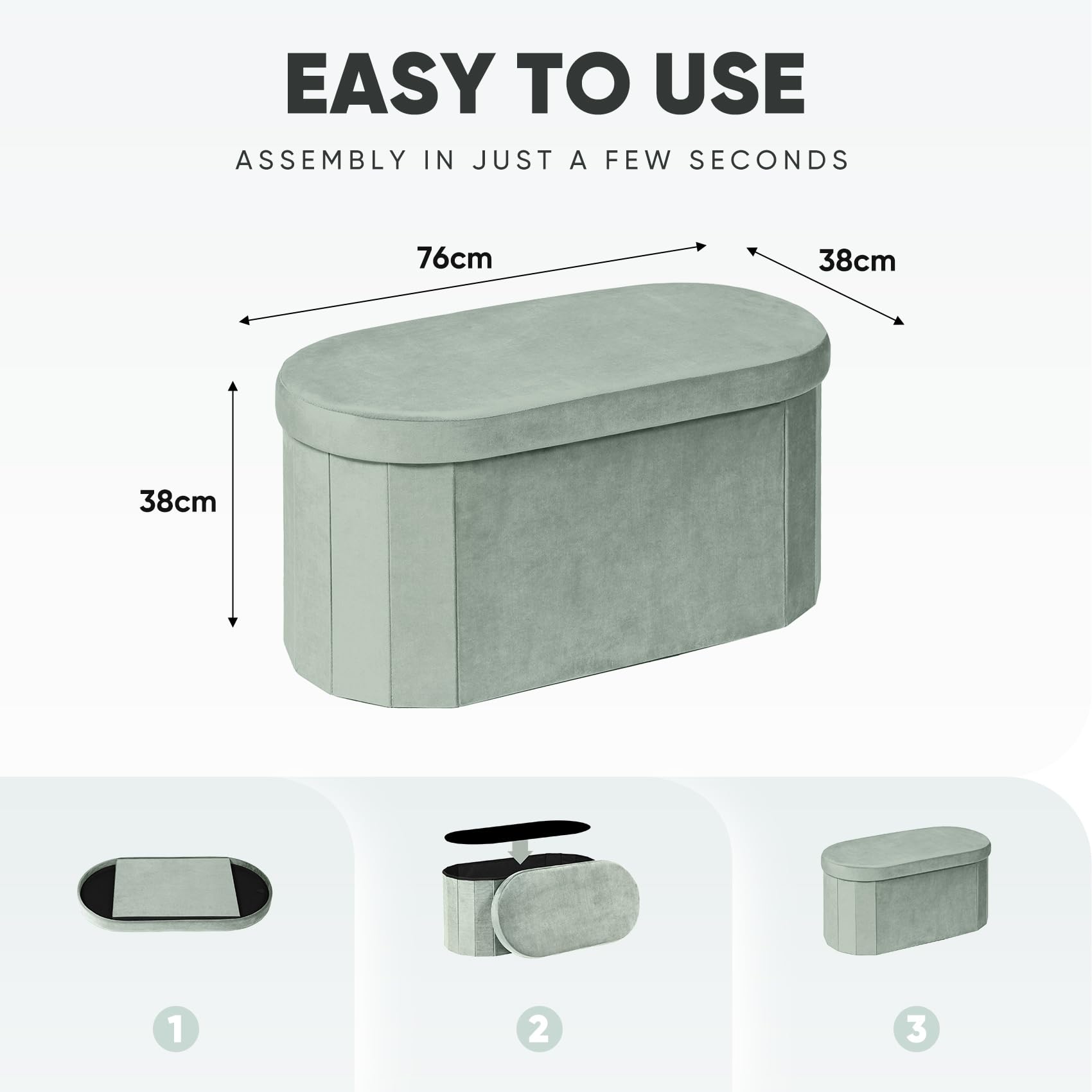 Bonlife Velvet Ottoman Storage Bench, Foldable Storage Chest with Lid,Oval Footstool for Living Room Bedroom Hallway, 76x38x38cm, Sage