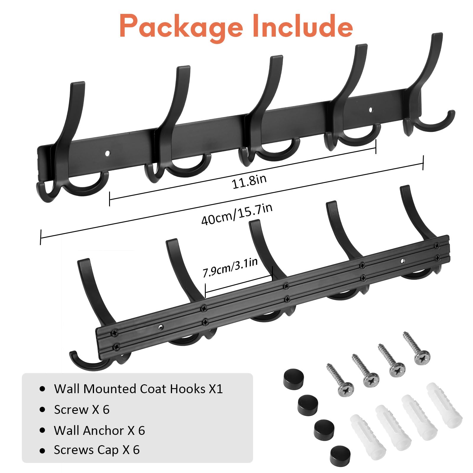 Optish Coat Hooks Wall Mounted, 2 Pack Coat Rack Wall Mount with 15 Hooks, Black Wall Coat Hooks for Jackets, Hats, Bags, for Entryway, Bedroom