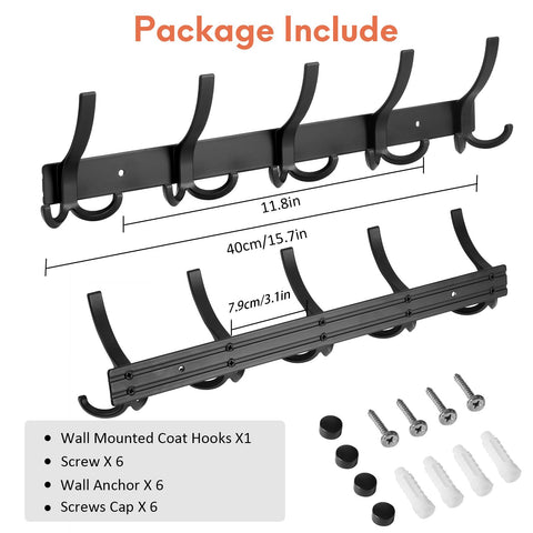 Optish Coat Hooks Wall Mounted, 2 Pack Coat Rack Wall Mount with 15 Hooks, Black Wall Coat Hooks for Jackets, Hats, Bags, for Entryway, Bedroom