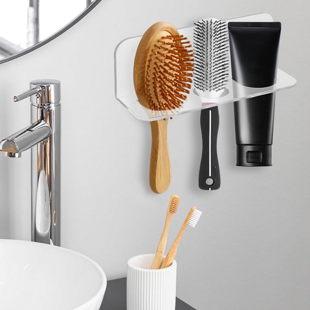 CRAFTYMELODY 2Pcs Acrylic Hair Brush Holder 3-Slot Rectangle Wall Mounted Comb Organizer Holder for Bathroom with Adhesive Stickers Clear Hairbrush